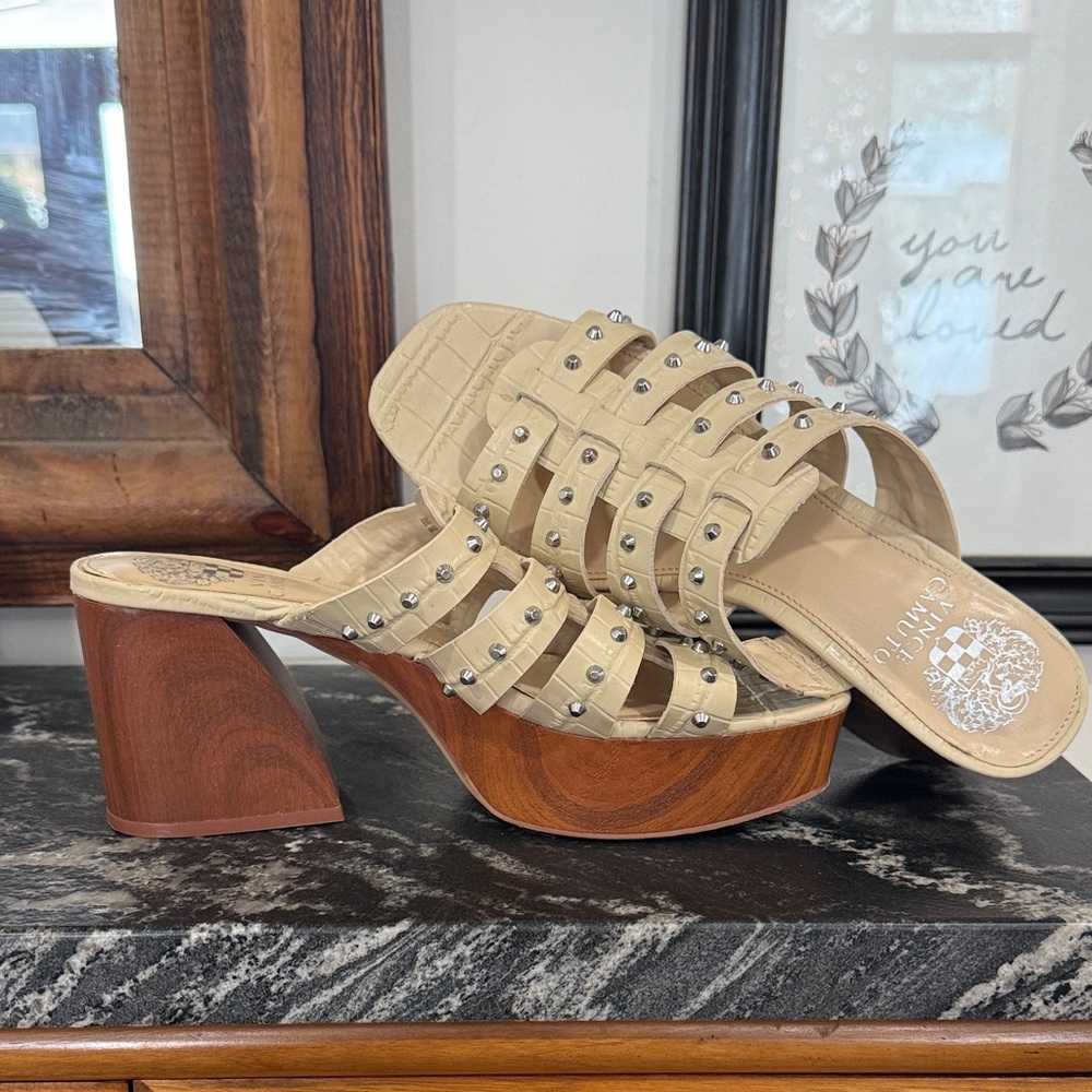 Vince Camuto Tan Studded Platform Sandals with Wooden Heel